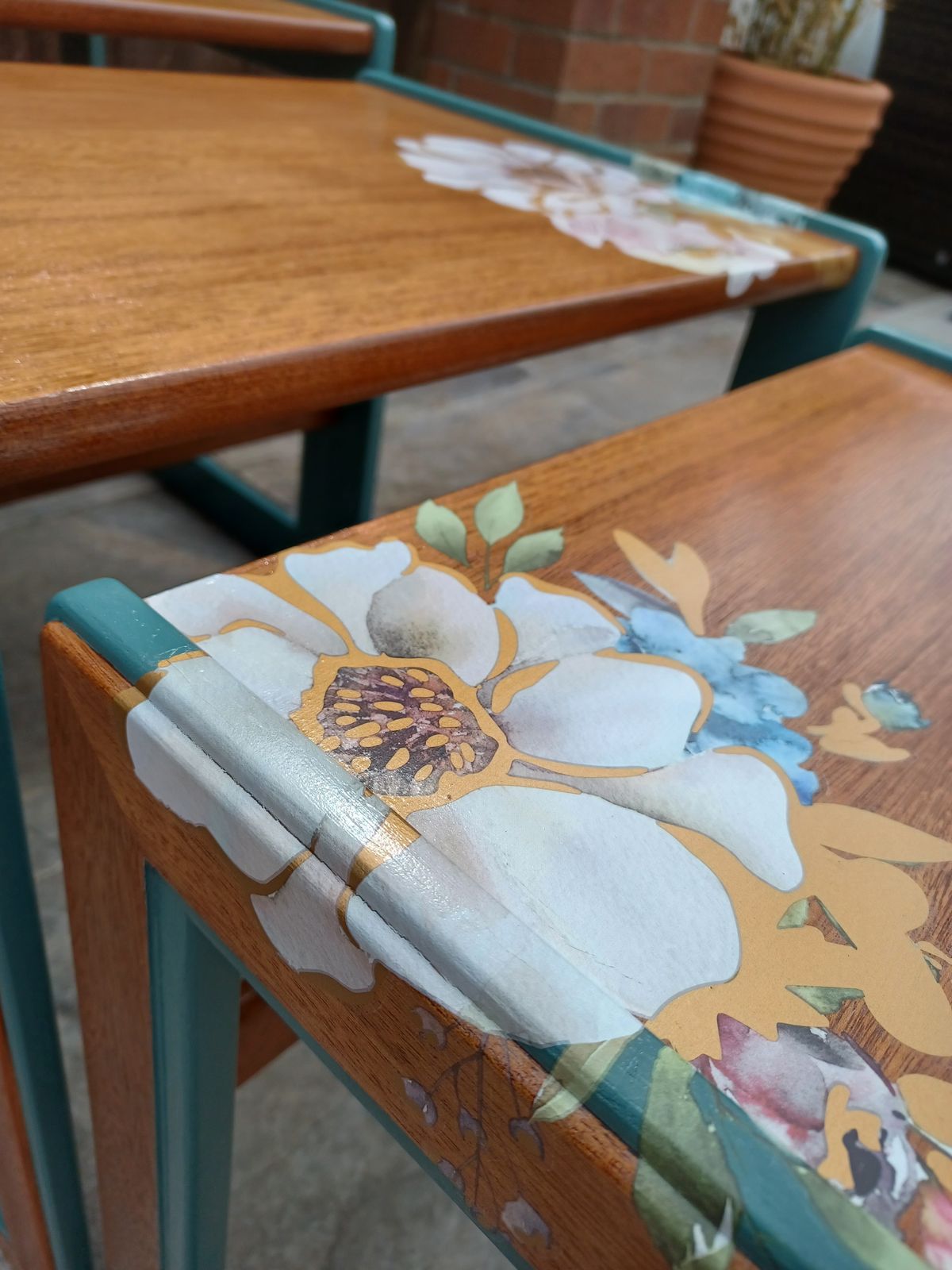 G Plan Nest Of Tables Upcycled Green And Natural Wood photo Furniture