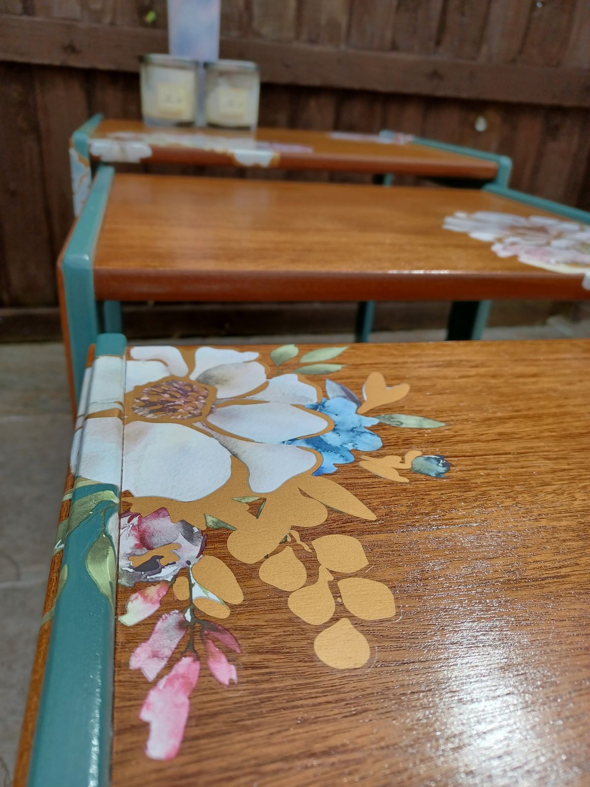 G Plan Nest Of Tables Upcycled Green And Natural Wood photo vinterior