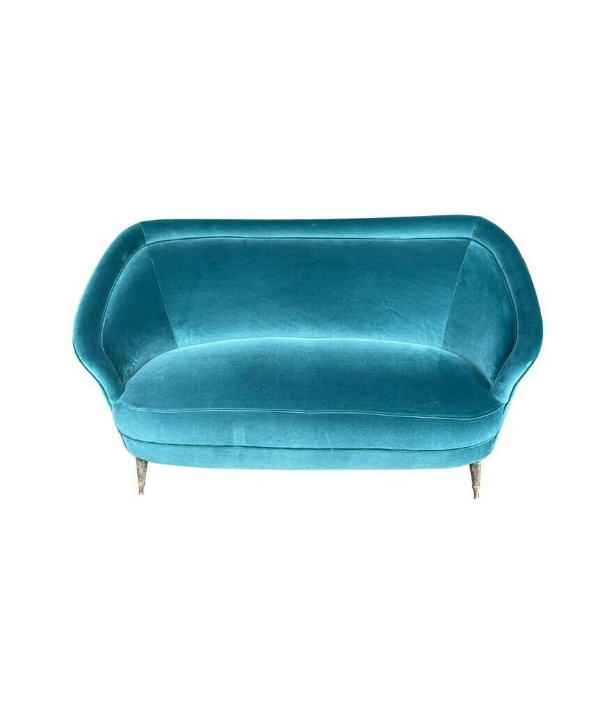 An Orignal Italian 1950s Two Seater Sofa With Curved Back, With Brass And Wooden Feet