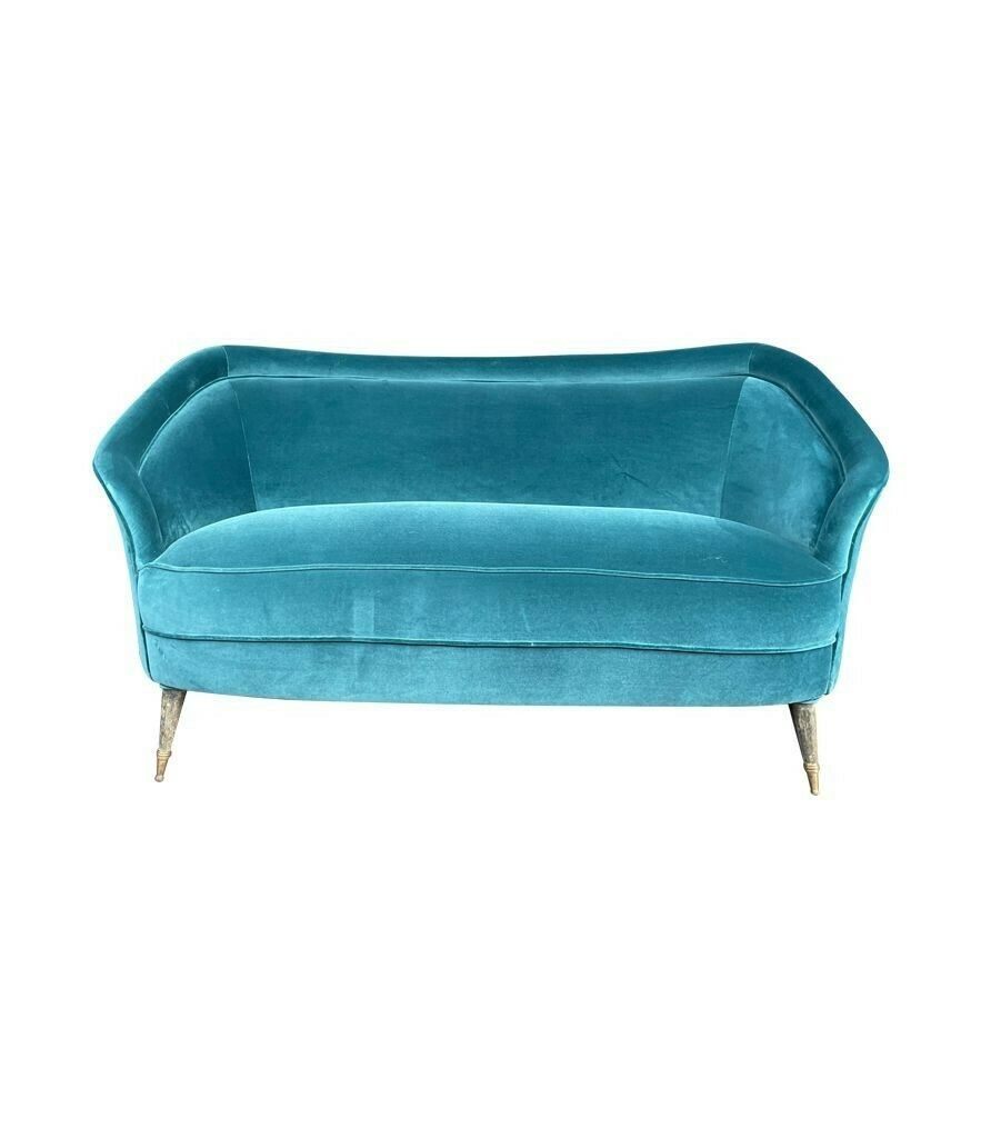 An Orignal Italian 1950s Two Seater Sofa With Curved Back, With Brass And Wooden Feet photo vintage