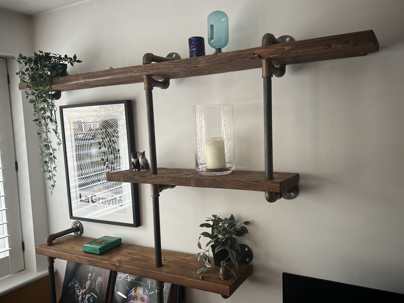 Reclaimed Scaffolding Boards And Steel Pipe Wall Mounted Shelving Unit With Vinyl Record Storage photo for sale