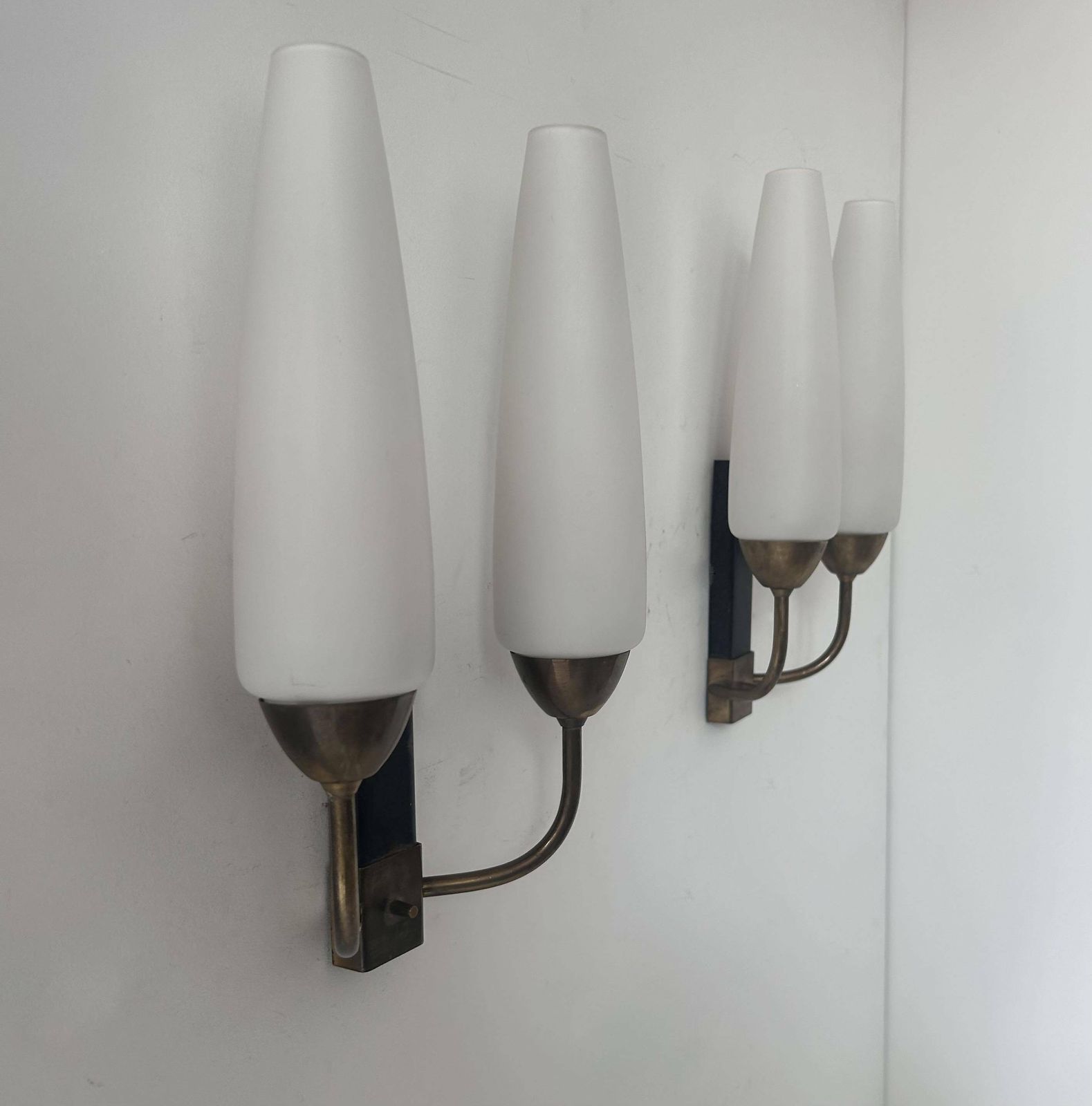 Pair Of Vintage Double Wall Lights, Brass And Opaline, France 1950 photo vinterior