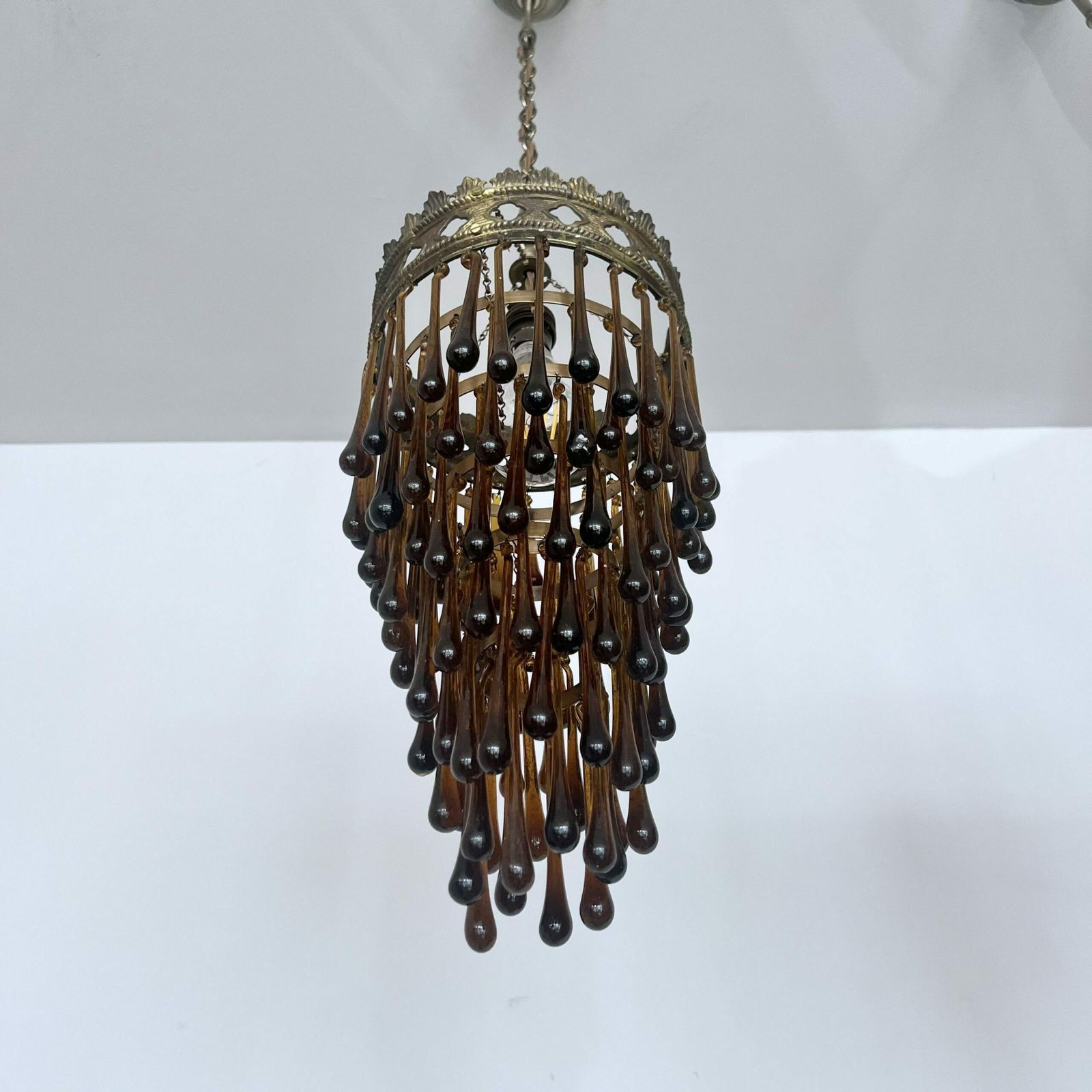 Antique Brass Waterfall Chandelier With Brown Glass Teardrops photo Lighting