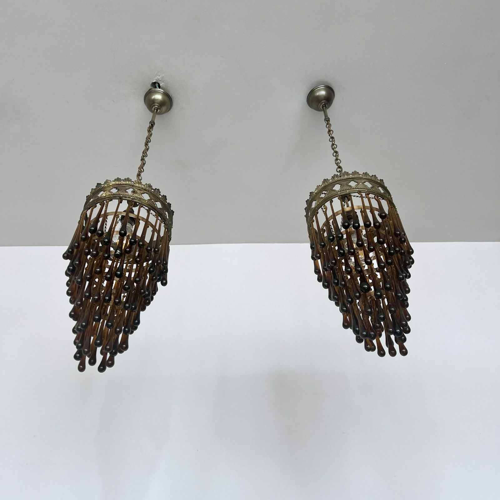 Antique Brass Waterfall Chandelier With Brown Glass Teardrops photo 295.0