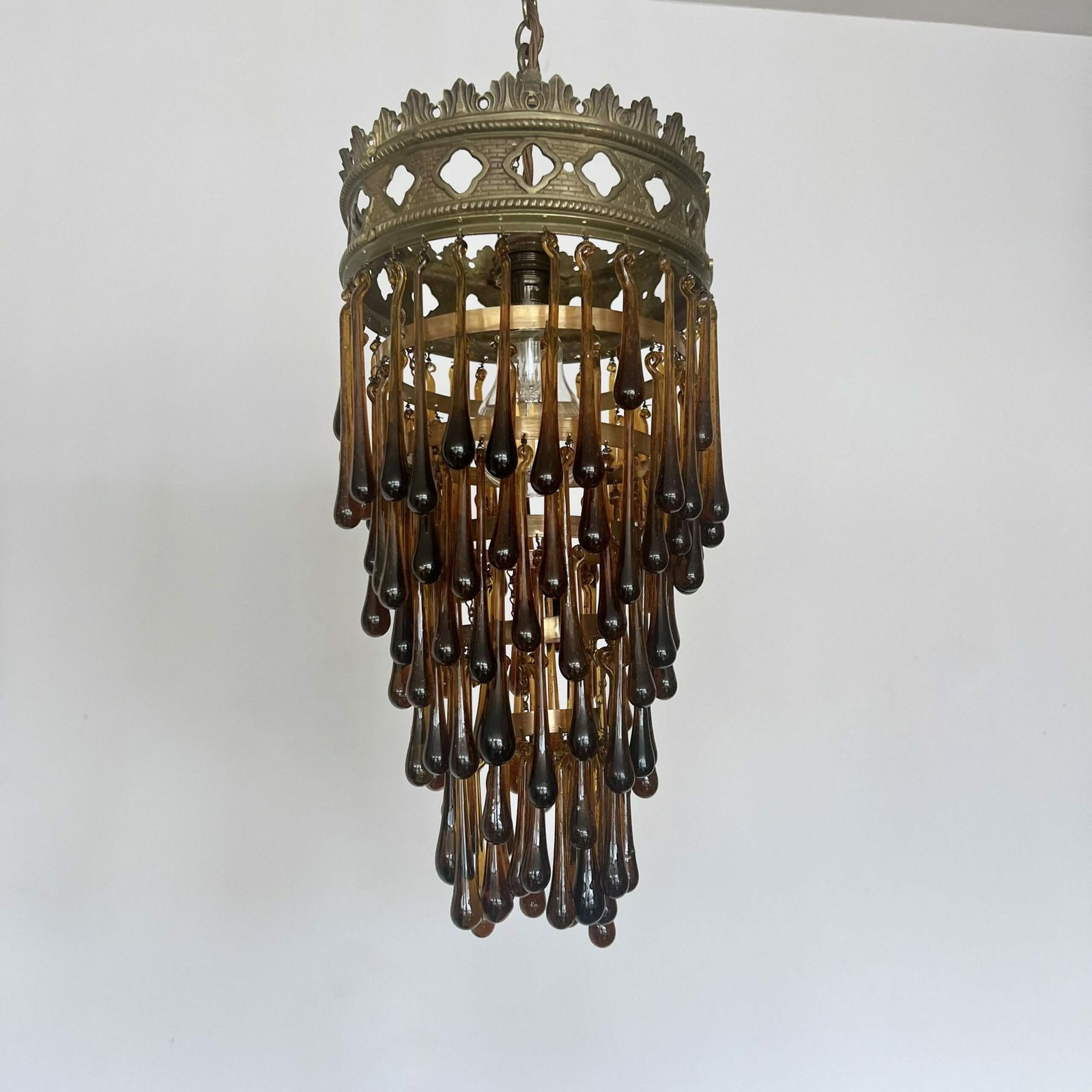 Antique Brass Waterfall Chandelier With Brown Glass Teardrops