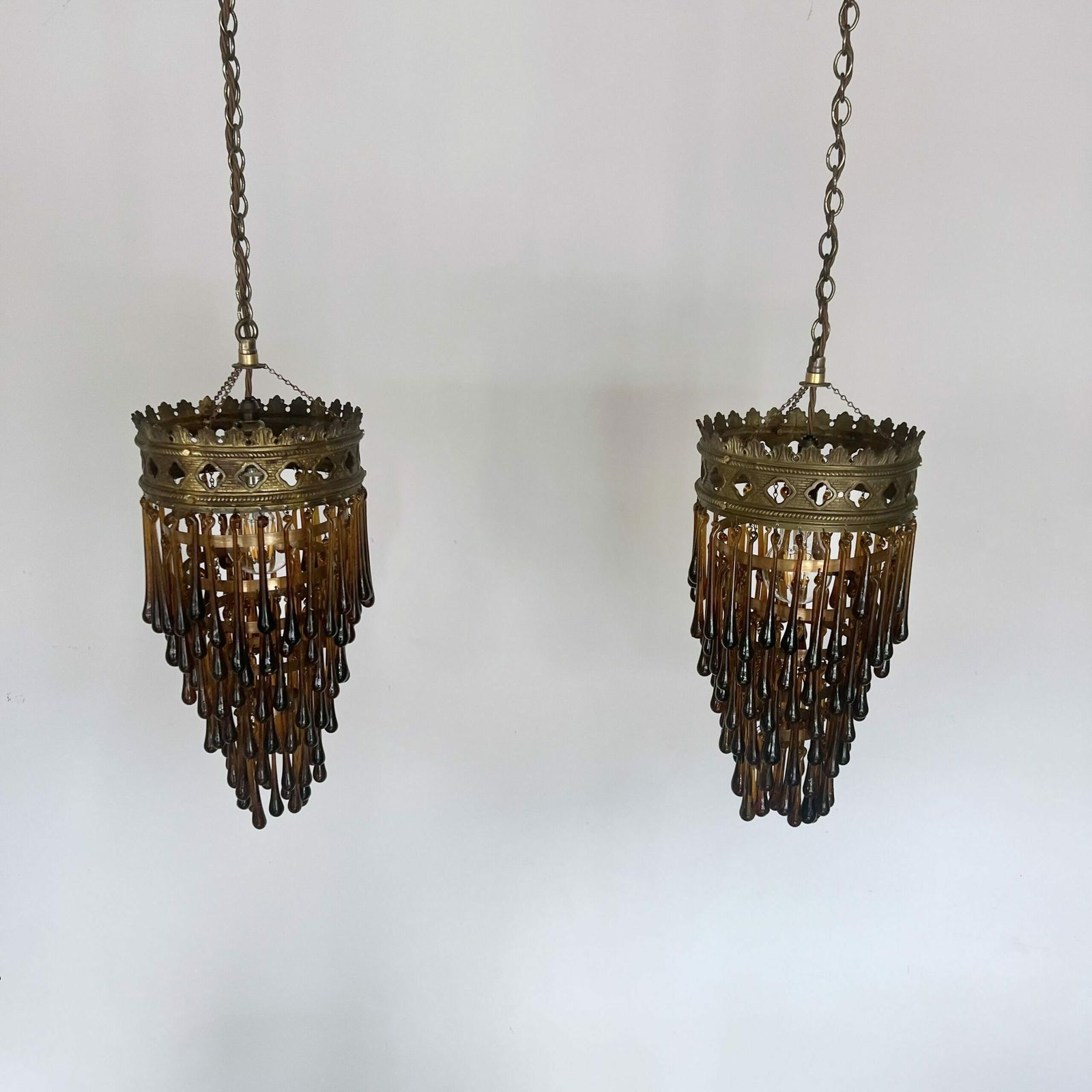 Antique Brass Waterfall Chandelier With Brown Glass Teardrops photo vinterior