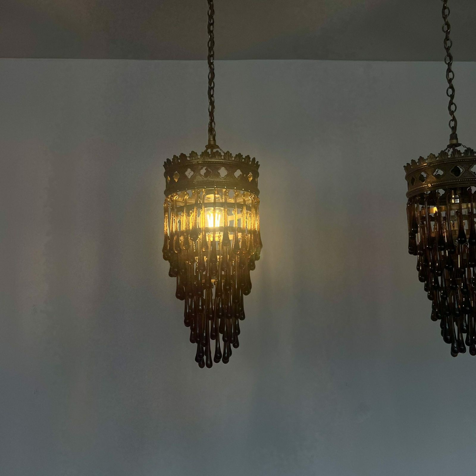 photo for sale Antique Brass Waterfall Chandelier With Brown Glass Teardrops