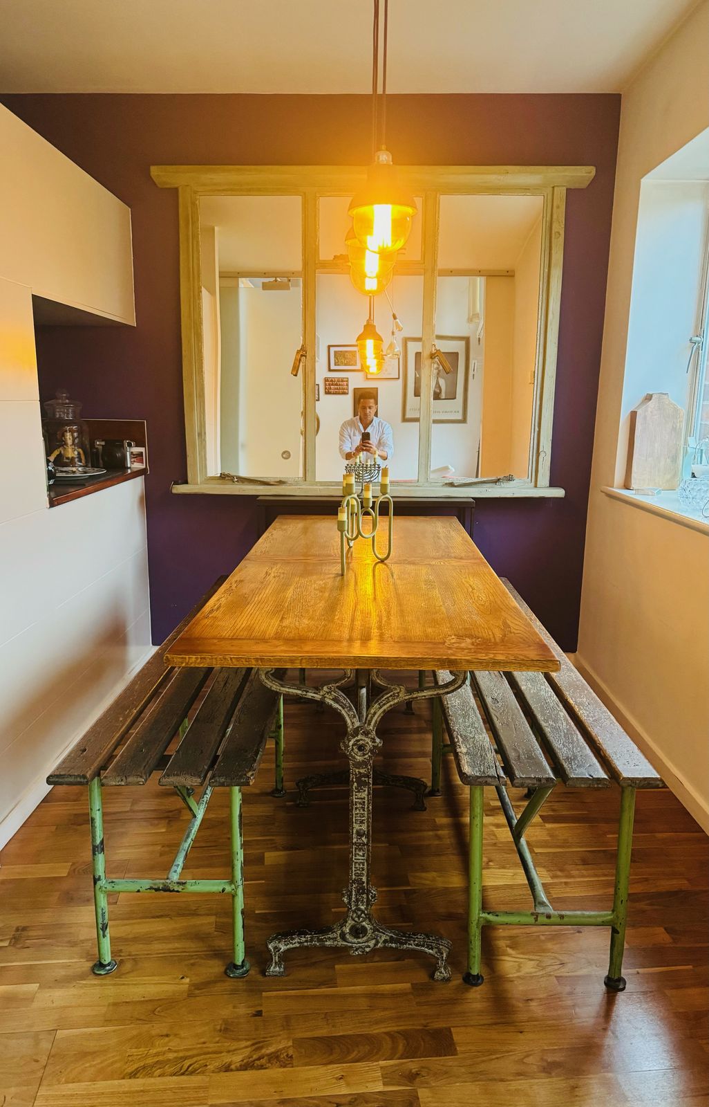 Wooden Table With Two Vintage School Benches photo for sale