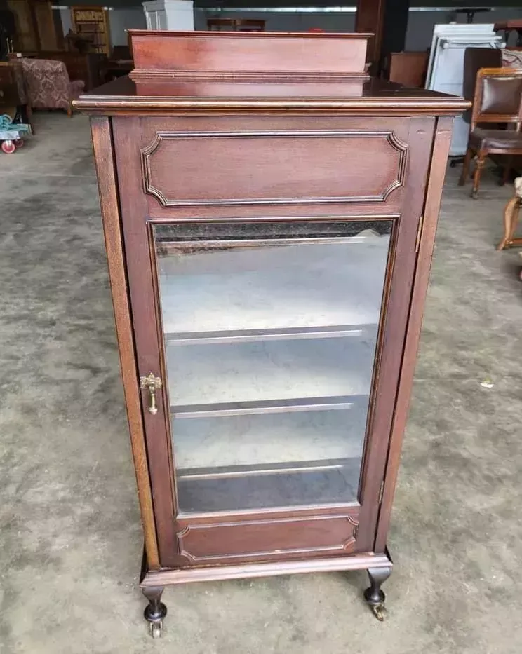 photo for sale Antique Edwardian Glazed Music Cabinet Bookcase Cabriole Legs Castors Shelves