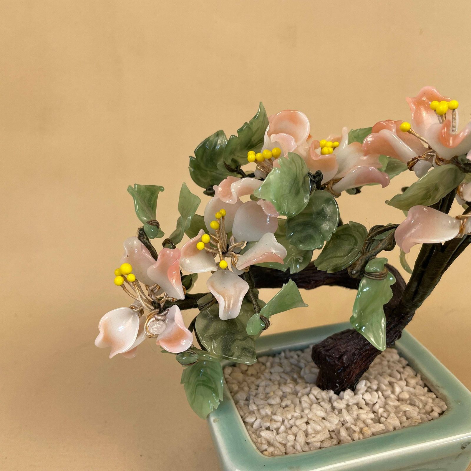 Antique Oriental Chinese Gem Tree Jade Bonsai Carved Stone Glass Vintage  Asian Ornament Green Pink Handmade Ceramic Pot | Vinterior