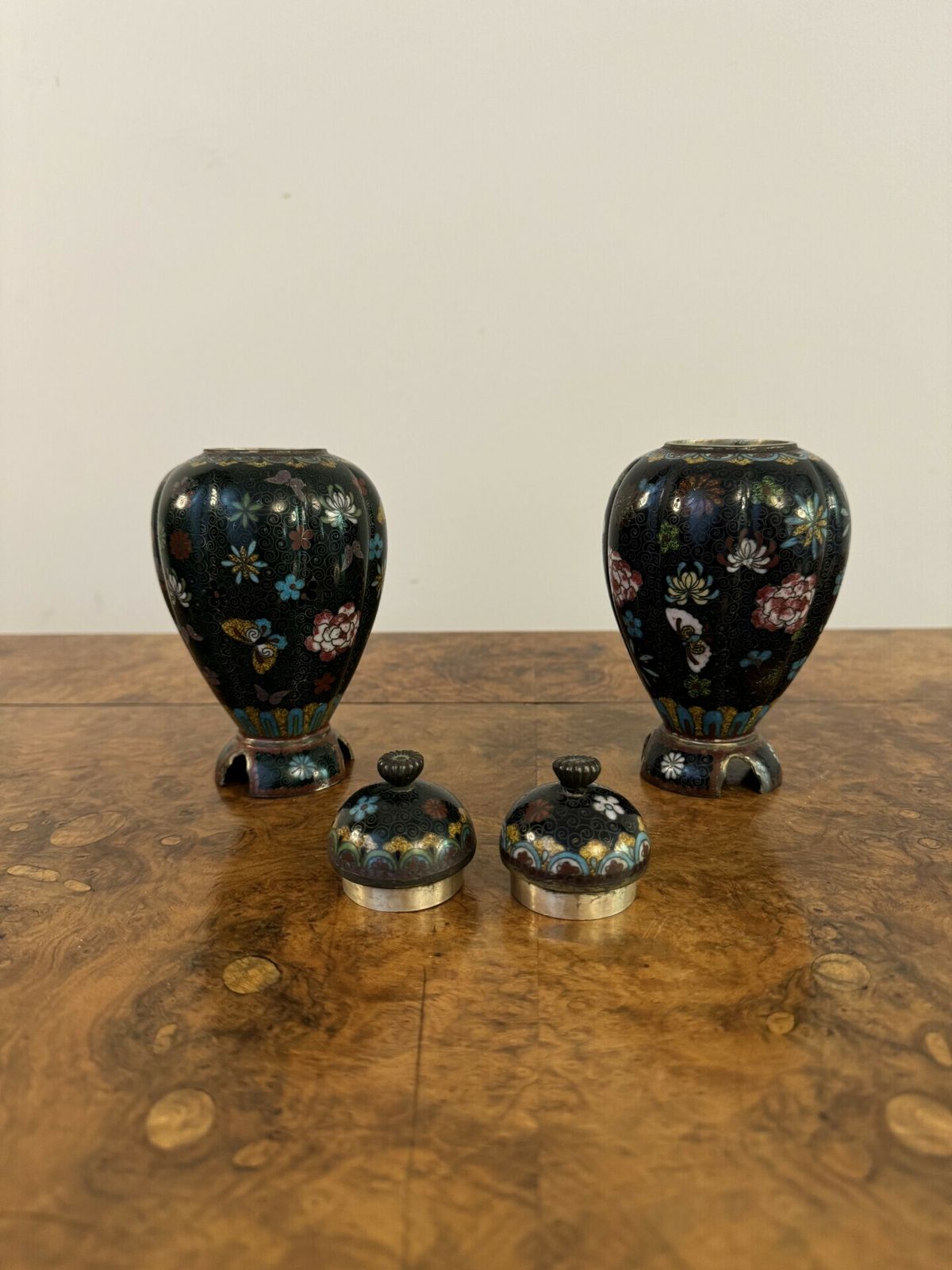 Lovely Pair Of Antique Cloisonne Lidded Vases photo for sale