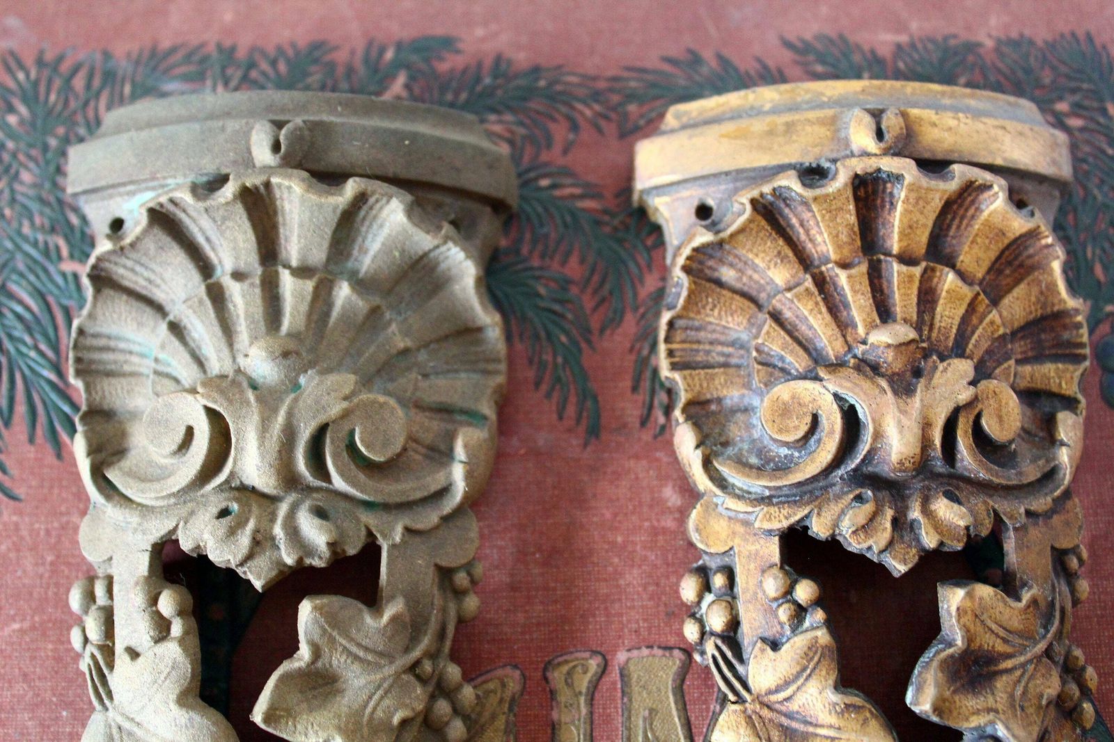 2 Antique French Heavy Cast Bronze Pediments, Fournier Paris, Furniture Embellishments, Napoleon Empire Regency Rococo Shell Ivy Vine Leaves photo furniture