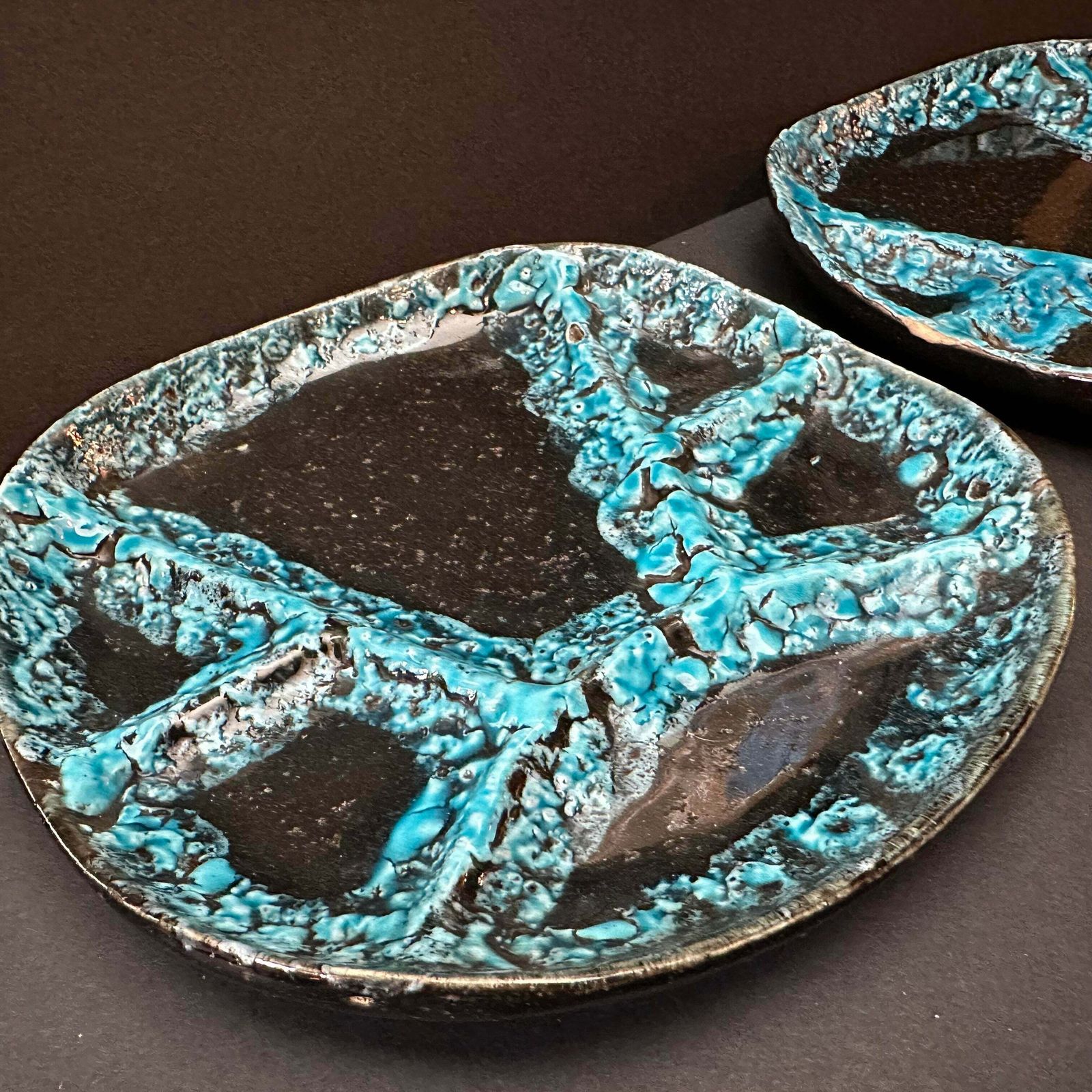 Incredible ‘Vallauris’ 1960’s Entre Plates Fantastic Crusty Turquoise Pair (2) photo for sale