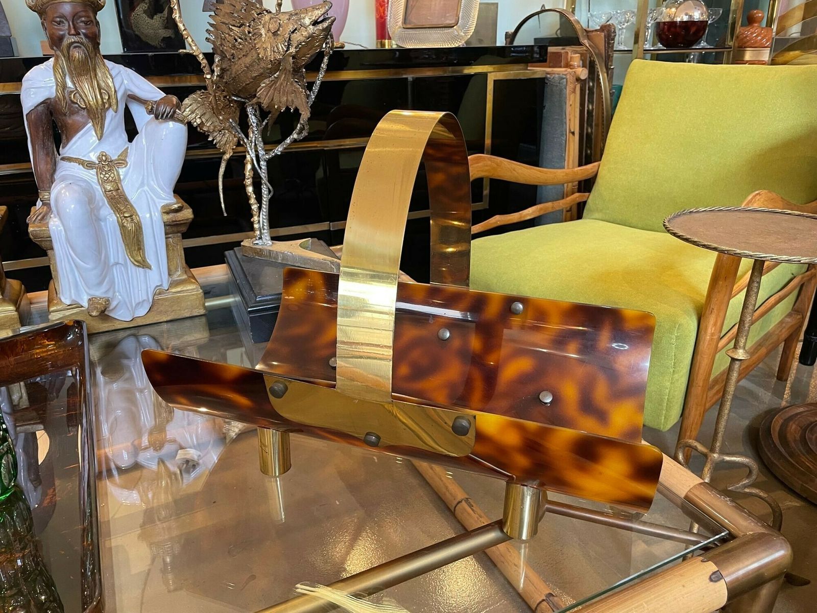An Italian 1970s Faux Tortoise Shell And Brass Magazine Rack photo vintage