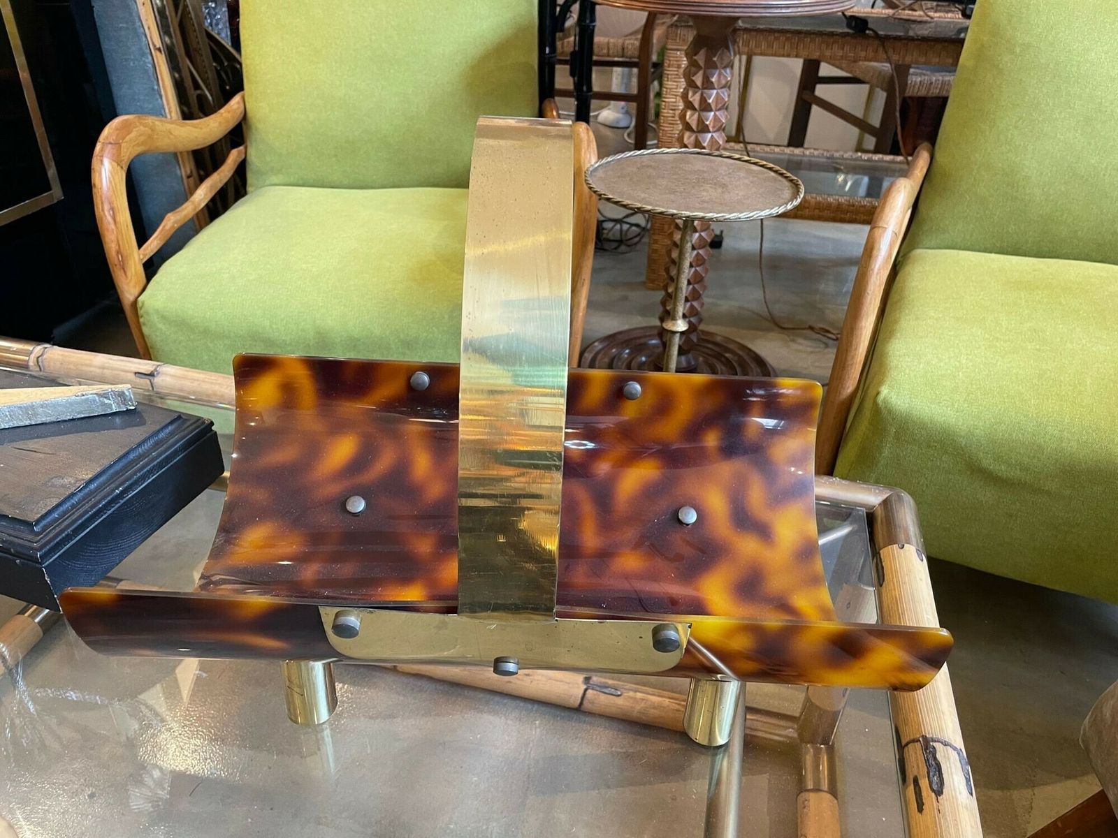 photo for sale An Italian 1970s Faux Tortoise Shell And Brass Magazine Rack