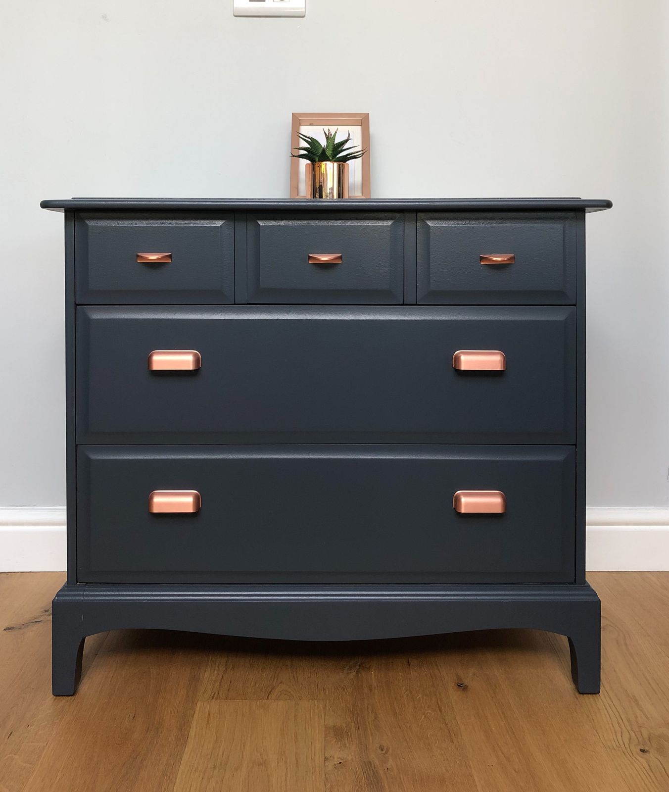 Stag Chest Of Drawers Painted In Blue With Copper Cup Handles photo furniture