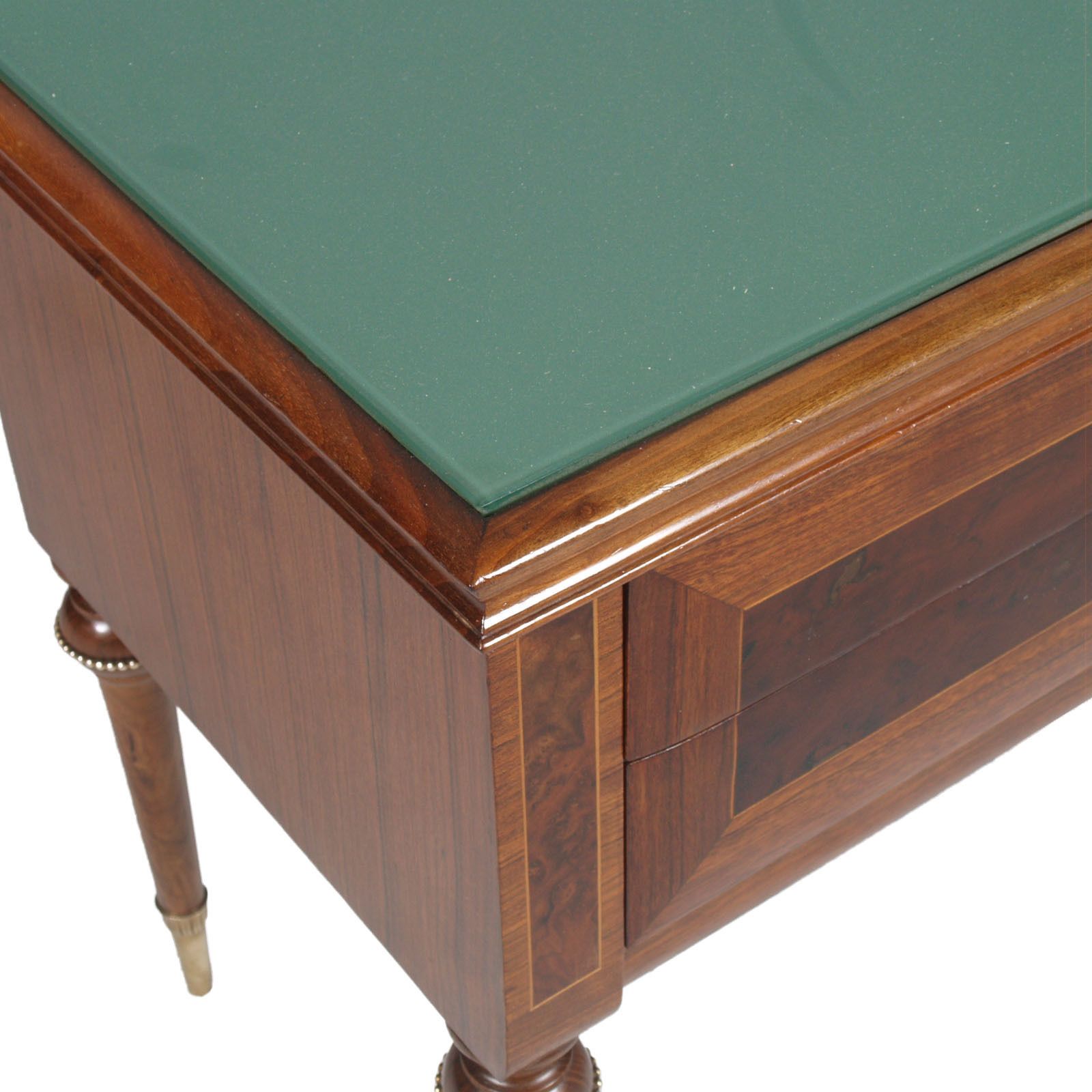 1950s Nightstands, Walnut Bicolor, Burl & Maple Inlaid Golden Brass Accessories photo vintage