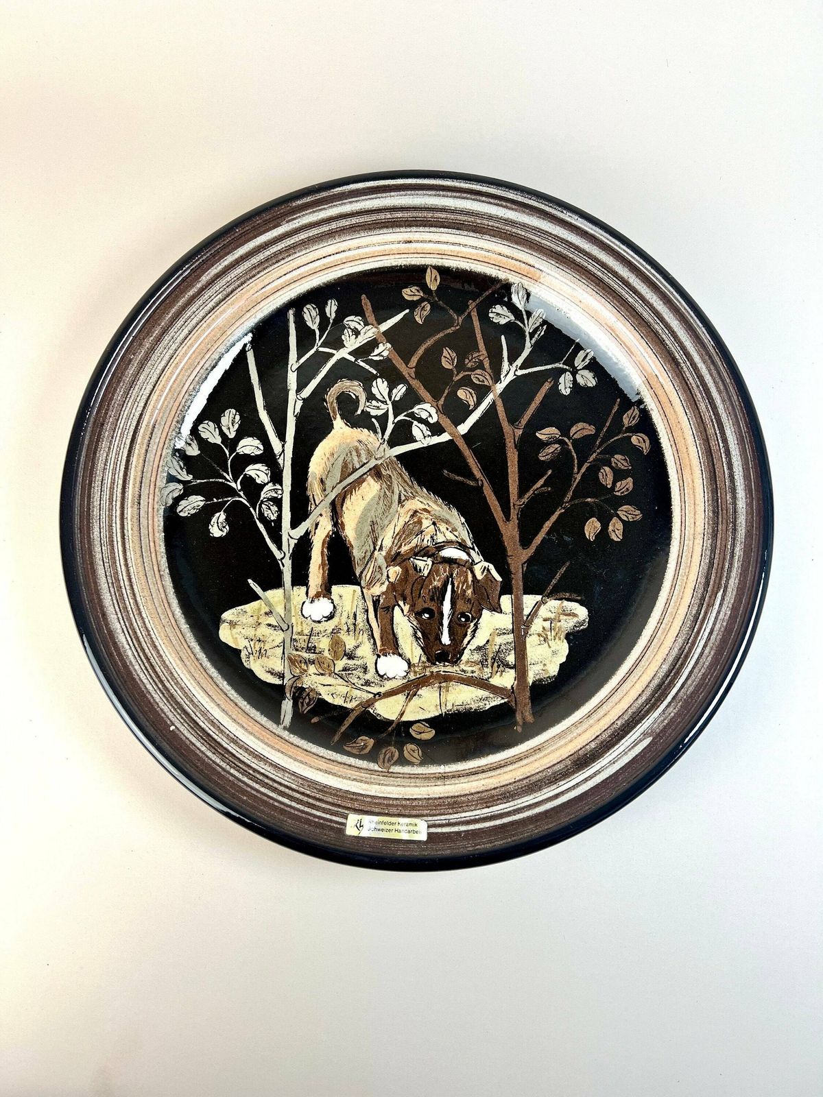 Vintage Hunting Dog Wall Plate, Rheinfelden Handarbeit Pottery Wall Plate  Hand Painted, Made In Switzerland. photo for sale