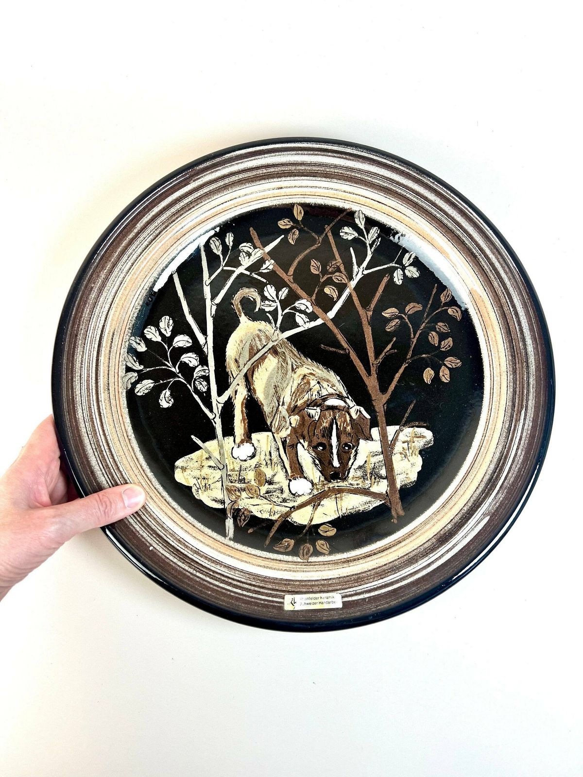 Vintage Hunting Dog Wall Plate, Rheinfelden Handarbeit Pottery Wall Plate  Hand Painted, Made In Switzerland.