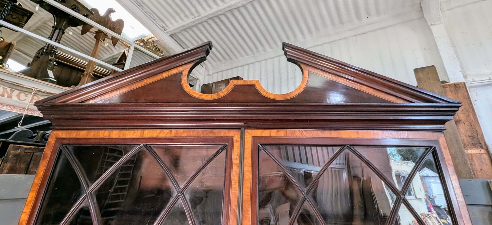 Elegant Late Georgian Glazed Satinwood Banded Mahogany Bookcase On Chest With Bracket Feet photo for sale