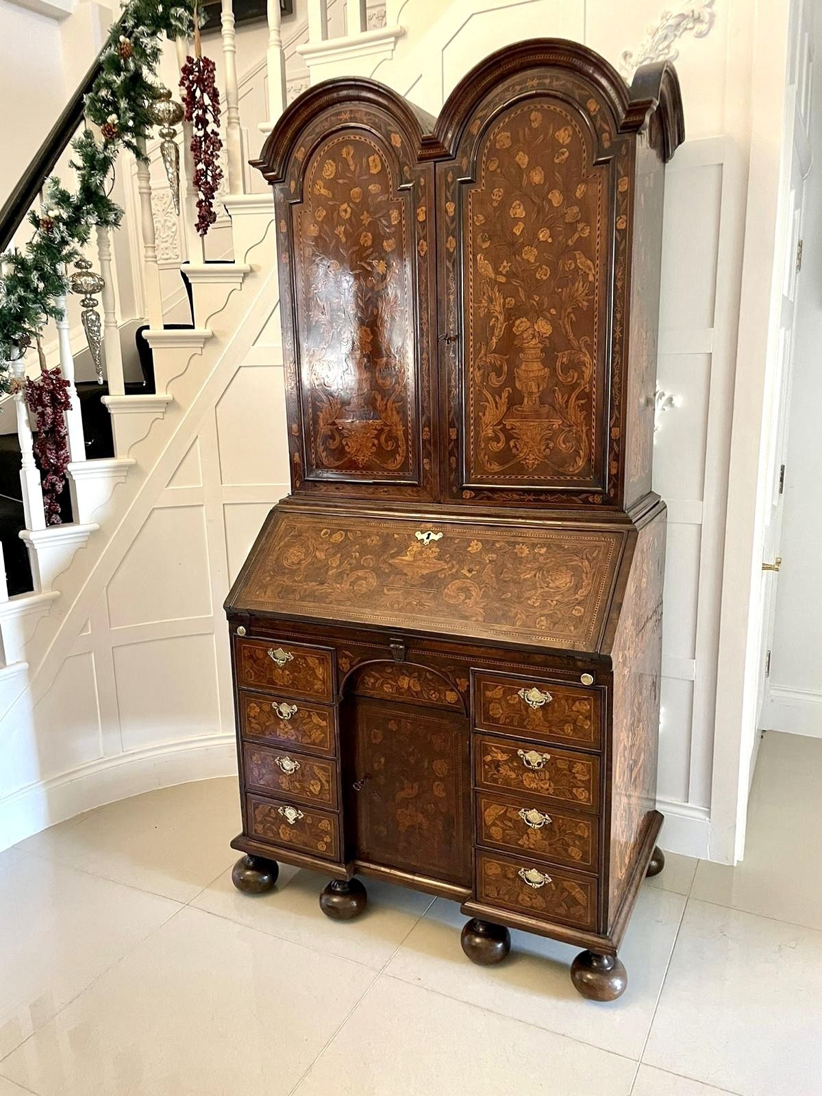 Antique William And Mary Outstanding Quality Burr Walnut Inlaid Marquetry Double Dome Bookcase