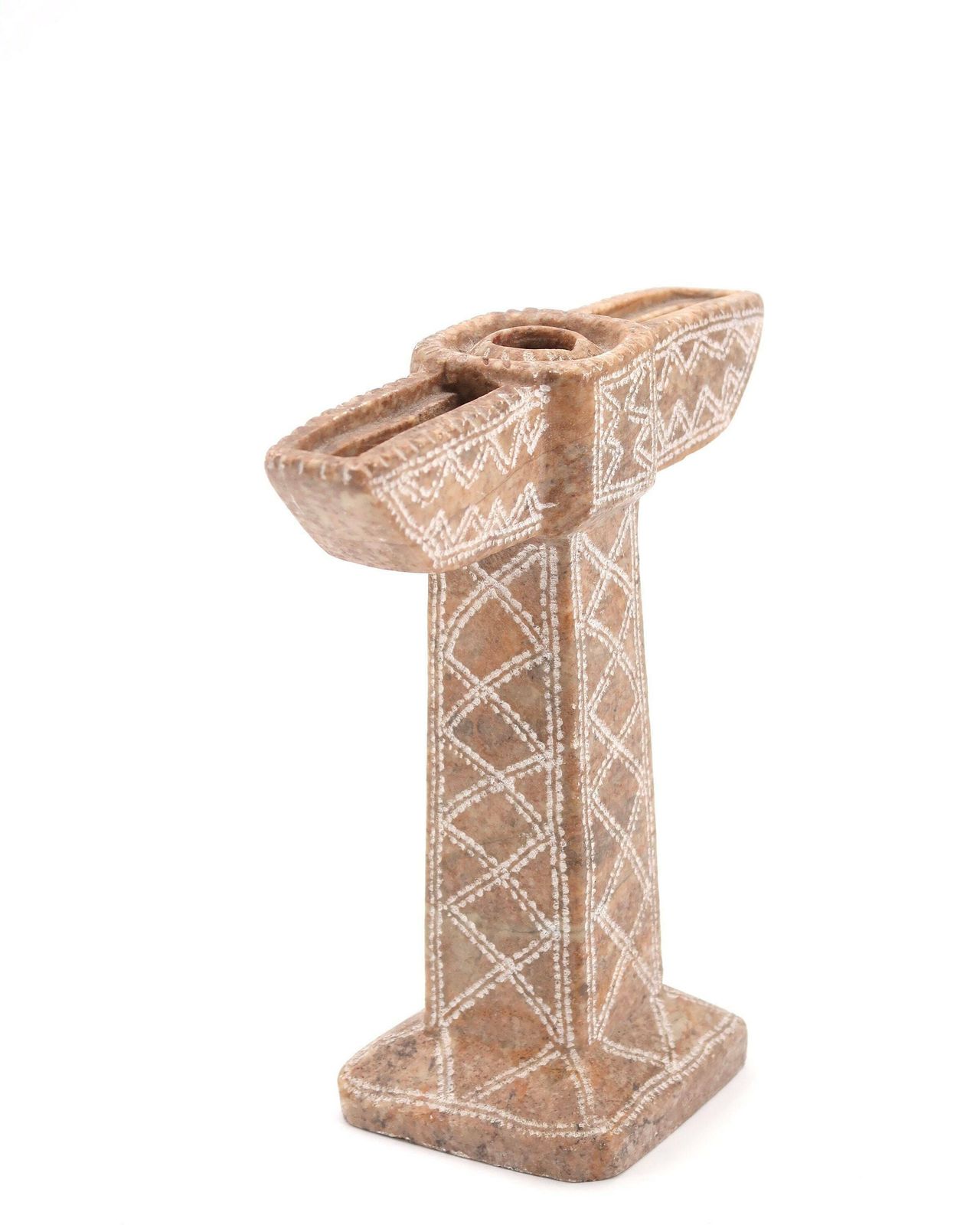 Moroccan Candleholder, Carved Stone With Scarified Decor, 1970s / Candle Holder, Boho Chic, Candlestick, Folk, Morocco, Sculpture, Totem photo for sale