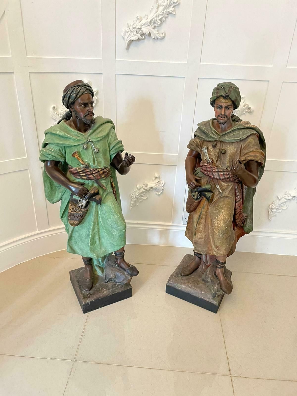 Spectacular Pair Of Large Antique Quality Orientalist Polychromed Plaster Moorish Figures photo buy