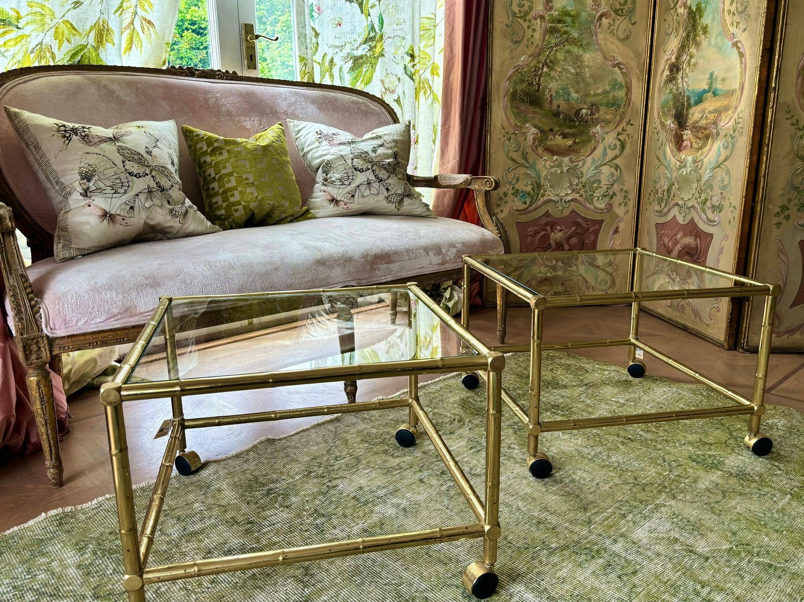 Pair Of Gilt Metal Hollywood Regency Faux Bamboo Side Tables In The Style Of Maison Bagués photo for sale
