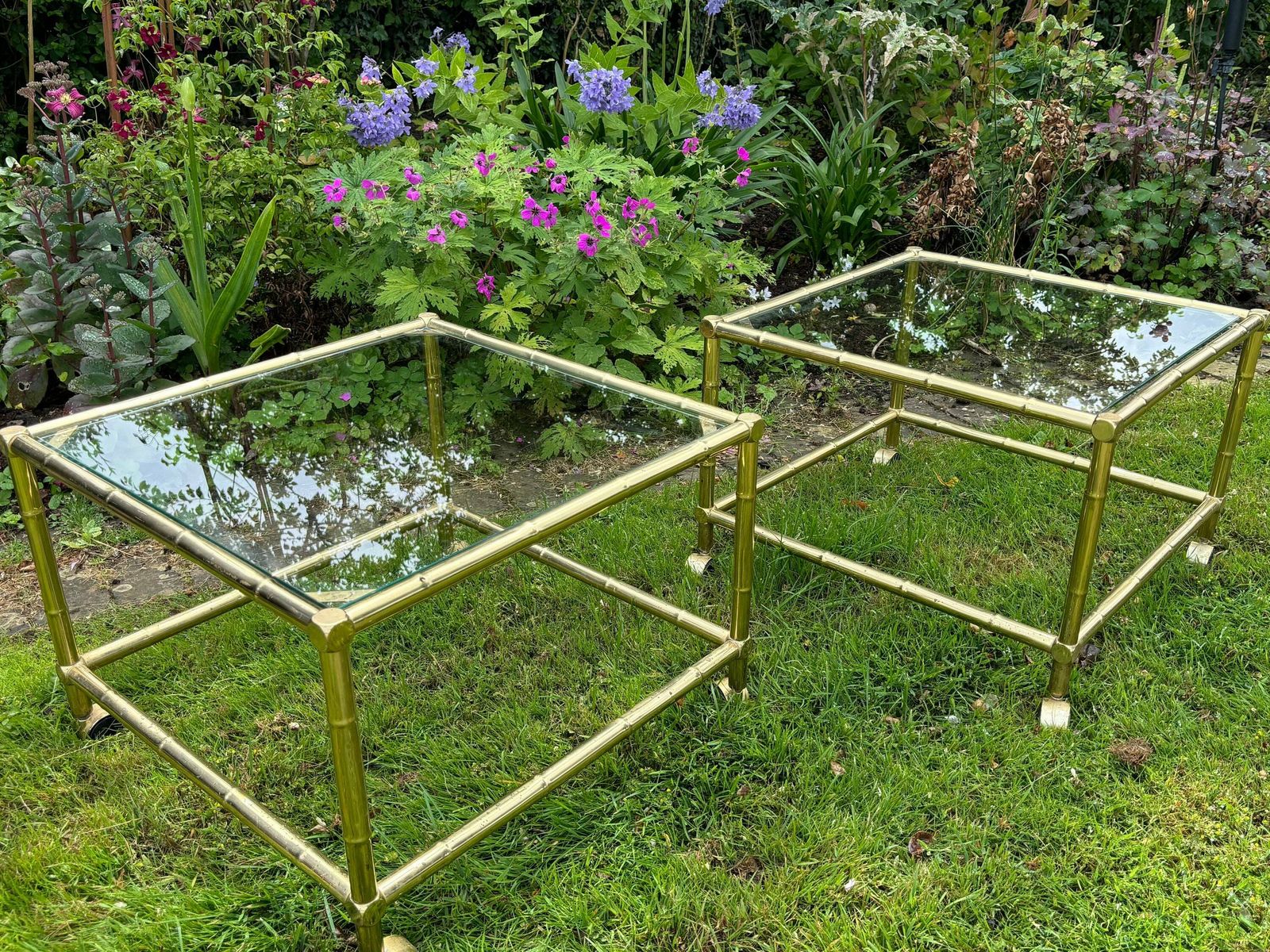 Pair Of Gilt Metal Hollywood Regency Faux Bamboo Side Tables In The Style Of Maison Bagués photo 725.0
