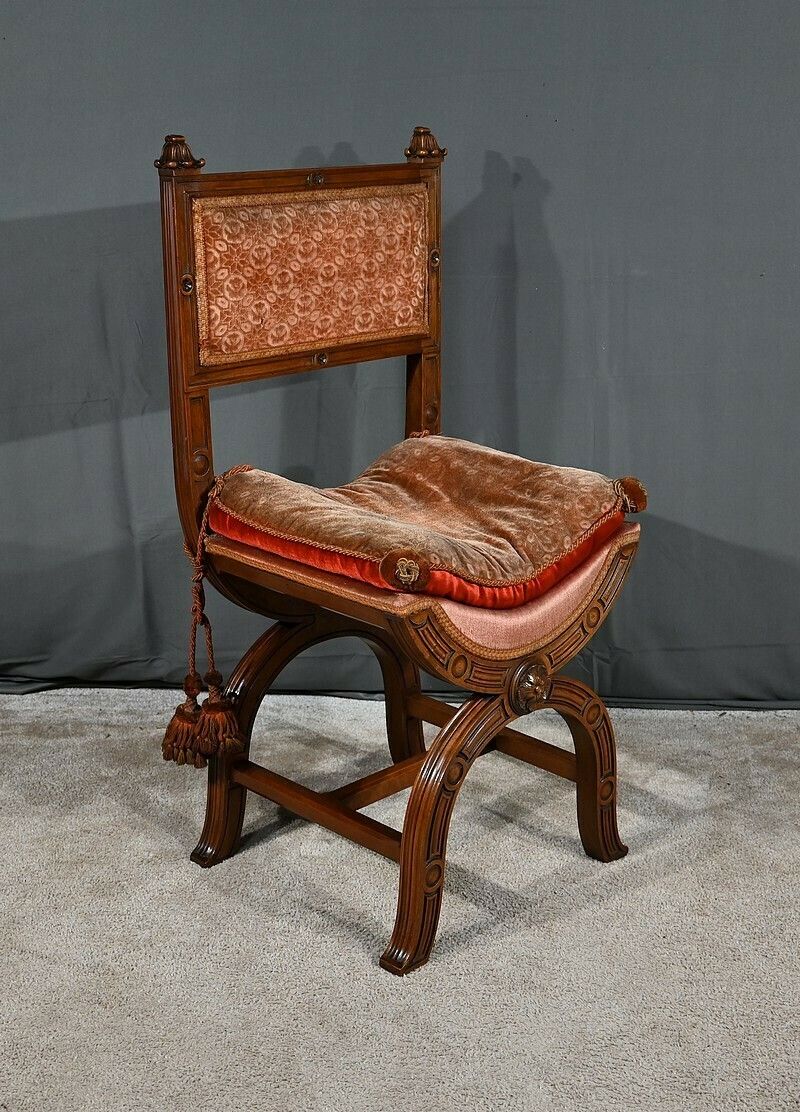 Curule Chair In Solid Walnut, Renaissance Style – Late 19th Century
