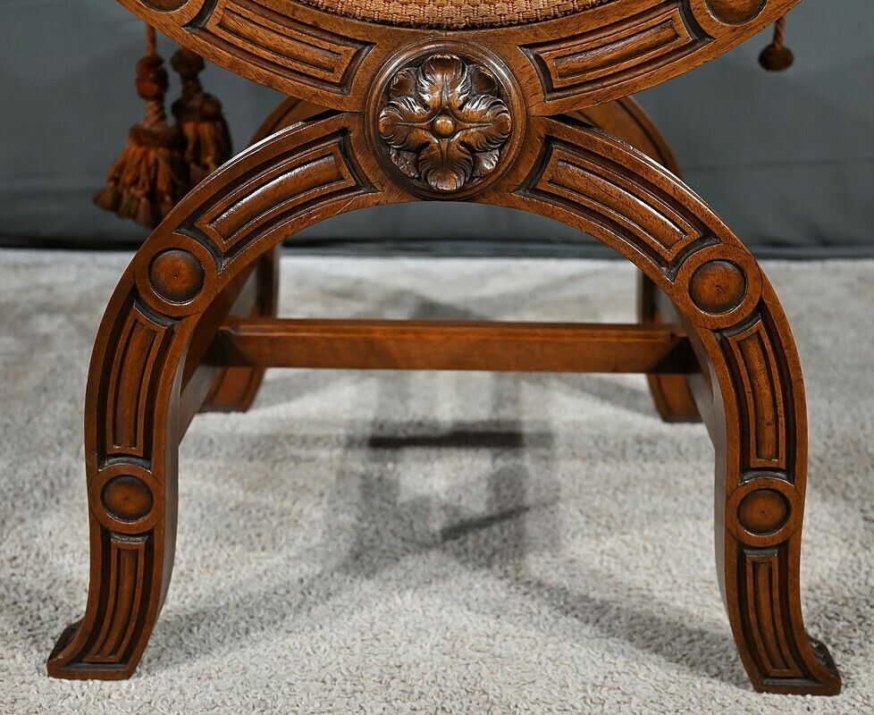 photo buy Curule Chair In Solid Walnut, Renaissance Style – Late 19th Century