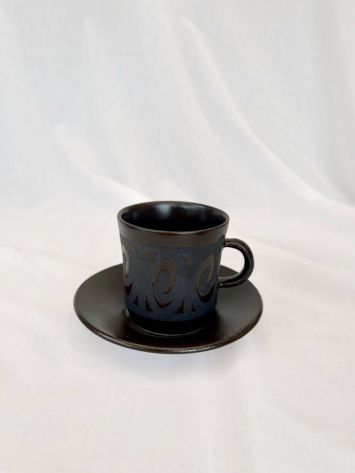 Dark Brown Matt And Shine 1970's Vintage Coffee Pot, Creamer And Four Cups And Saucers With Retro Pattern. Mid Century Ceramics photo furniture