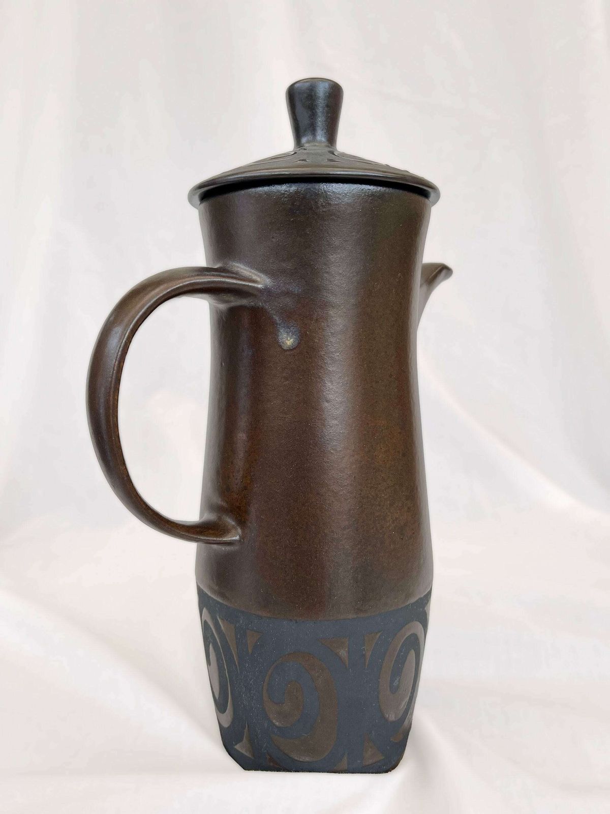Dark Brown Matt And Shine 1970's Vintage Coffee Pot, Creamer And Four Cups And Saucers With Retro Pattern. Mid Century Ceramics photo 50.0