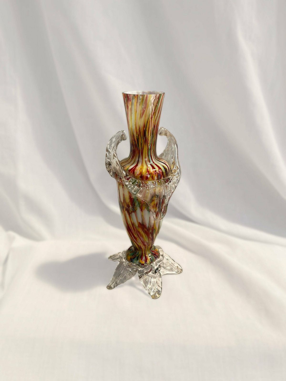 Welz Factory Turn Of The Century Bohemian Spatter/Splatter Art Glass Vase. Czech Art Glass, Multi Coloured Glass Vase