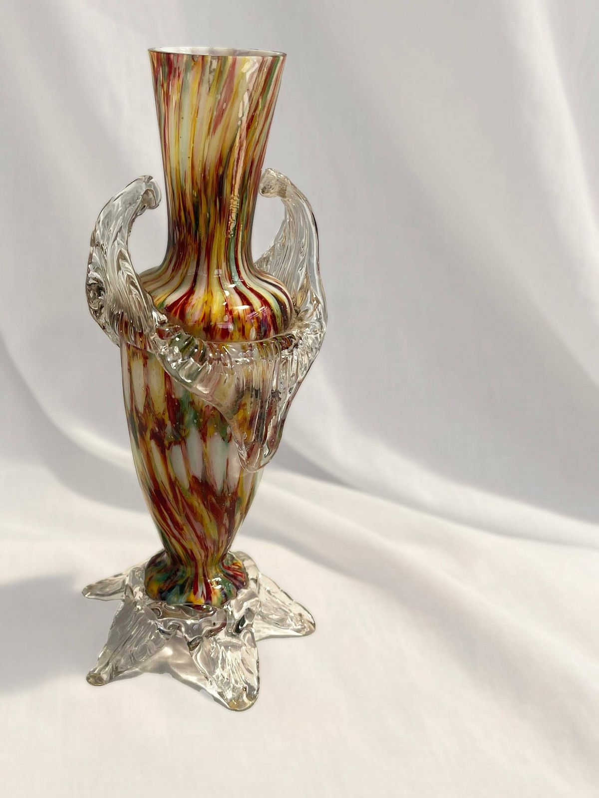 Welz Factory Turn Of The Century Bohemian Spatter/Splatter Art Glass Vase. Czech Art Glass, Multi Coloured Glass Vase photo furniture