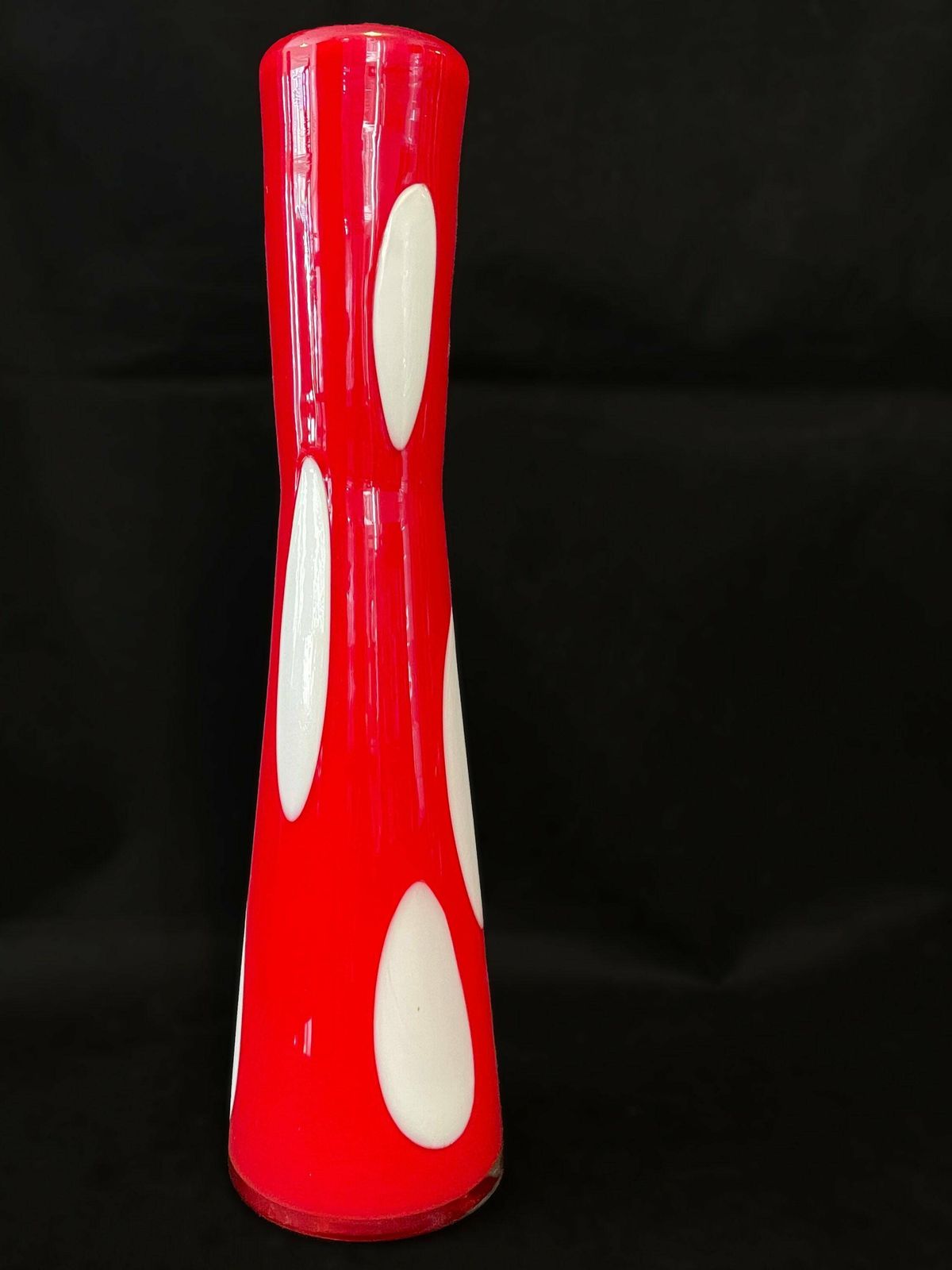 Statement Mid Century Modern Art Glass Vase, Red Cased Glass With Opaline Interior And Pendant Shaped Spots To Exterior photo vintage