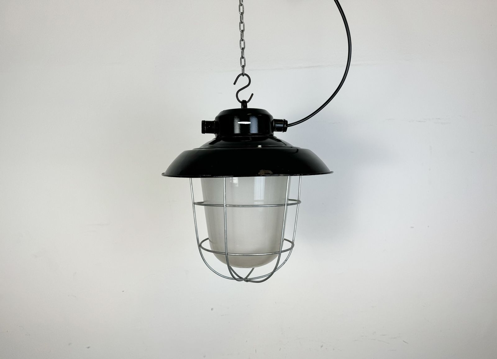Industrial Black Enamel Factory Hanging Lamp, 1960s, 13x photo for sale