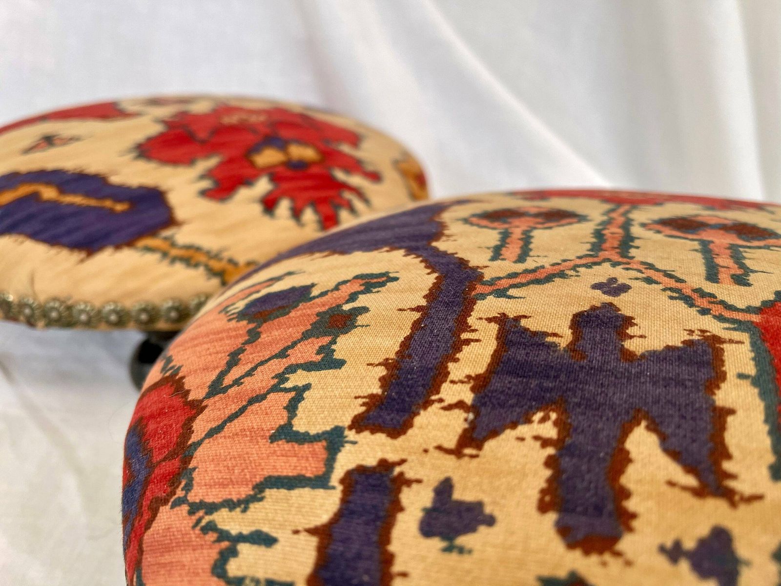 Antique French Style Foot Stools In Original Fabric With Floral Brass Flower Stud Detailing And Three Wooden Bun Feet To Base. photo buy