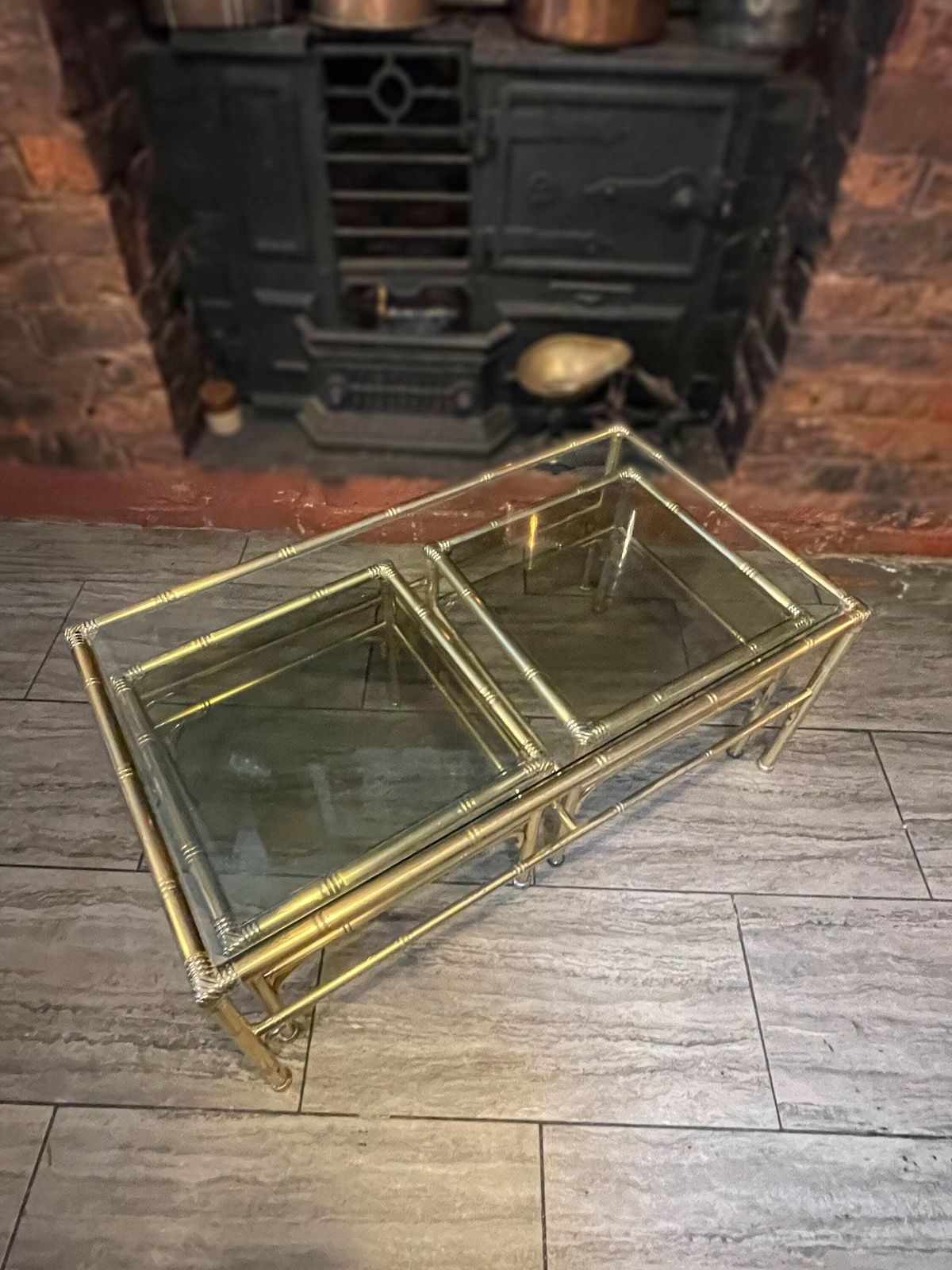 Mid Century Gold Metal Faux Bamboo Coffee Table With 2 Side Tables Sliding Either Side By Chelsom Uk Designs, 1980’s photo 700.0