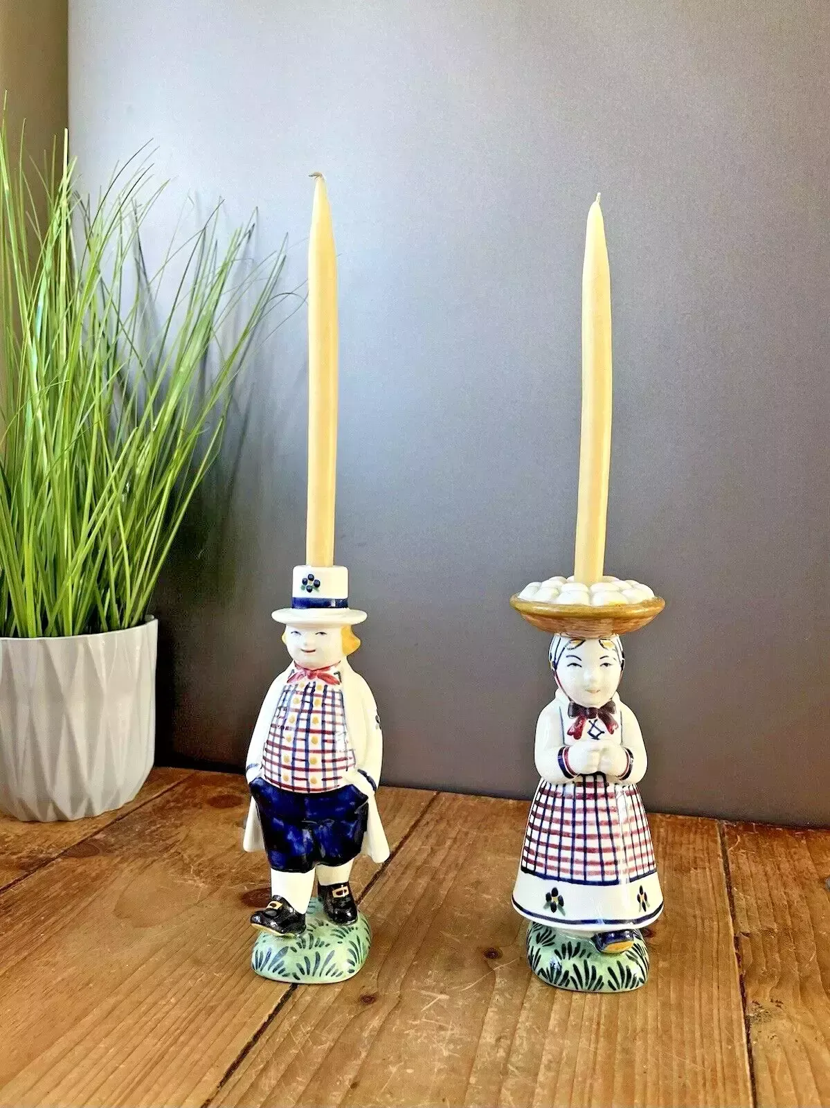 photo vintage Royal Copenhagen Jus Aluminia Farmer Boy Hans Candle Holders Scandi Folk Faience