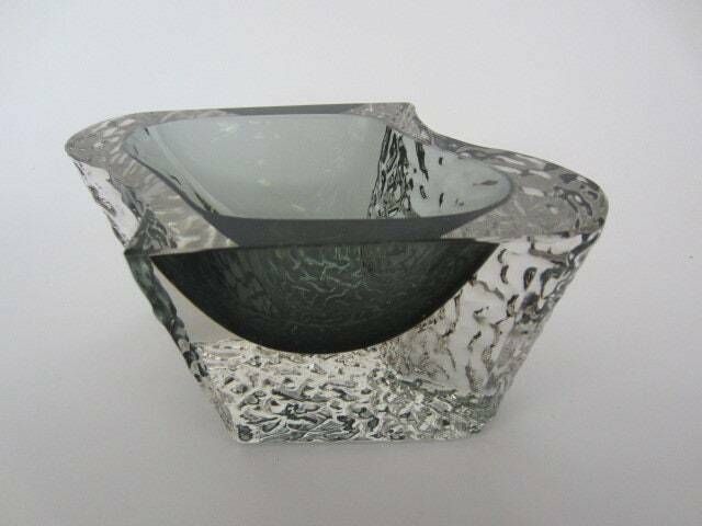 Abstract Smoky Grey Ice Glass Sommerso Bowl Textured Faceted Mandruzzato Murano photo vintage