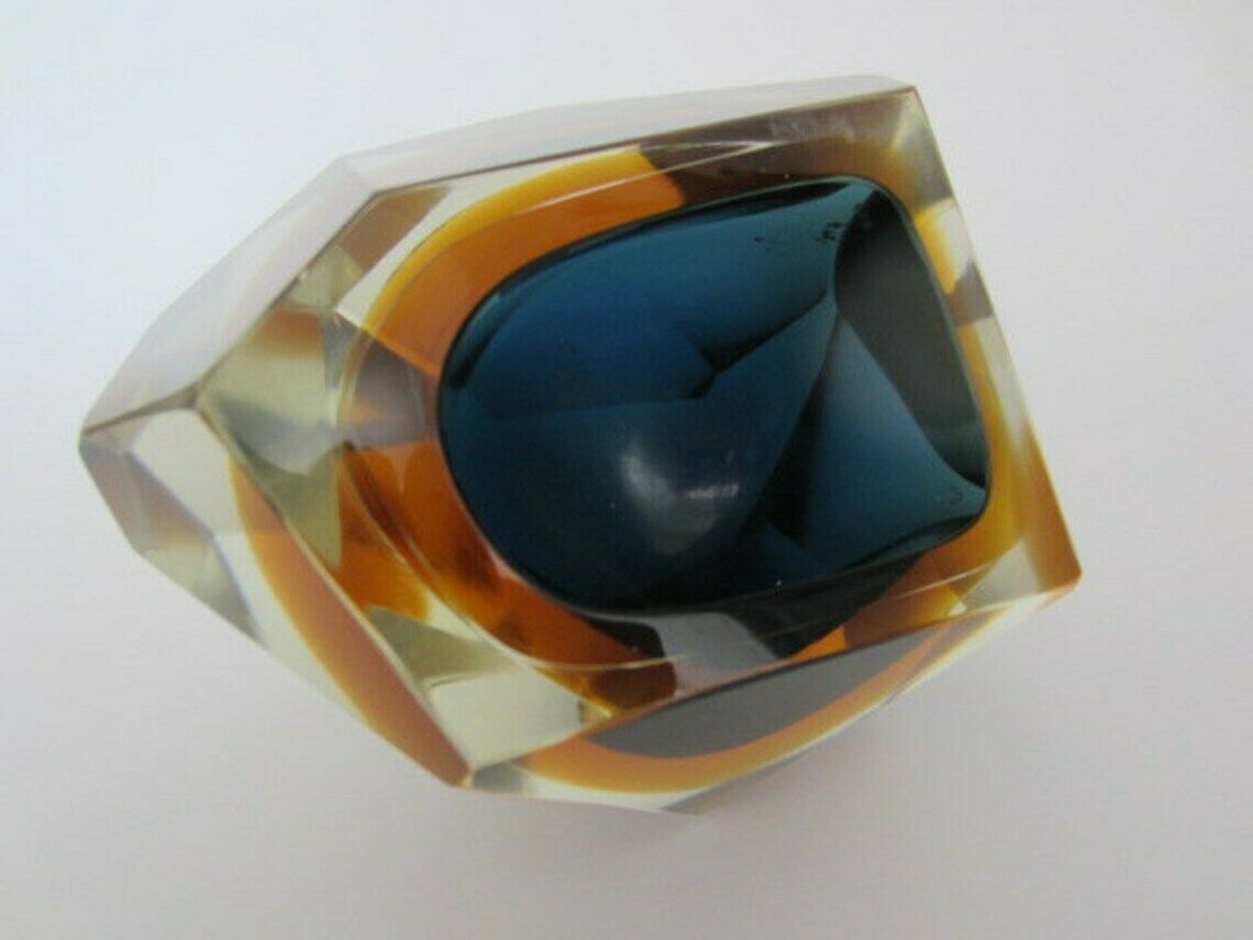 Murano Crystal Glass Sommerso Faceted Sculptural Bowl By Flavio Poli, 1960s, photo Home Decor