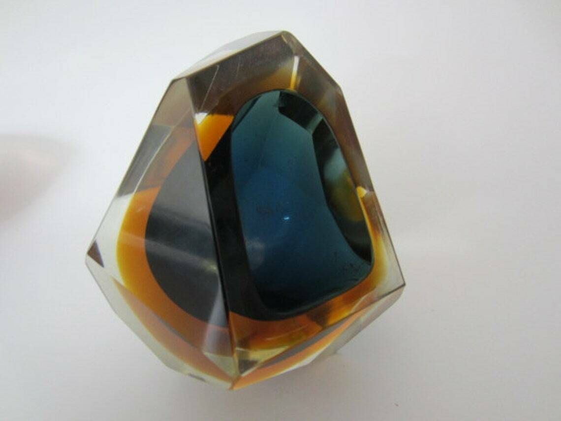 Murano Crystal Glass Sommerso Faceted Sculptural Bowl By Flavio Poli, 1960s, photo vintage