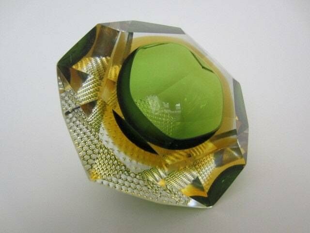 Murano Sommerso Green And Amber Mandruzzato 6 Facet Cut Geometric Art Glass Bowl