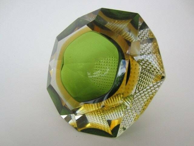 Murano Sommerso Green And Amber Mandruzzato 6 Facet Cut Geometric Art Glass Bowl photo furniture