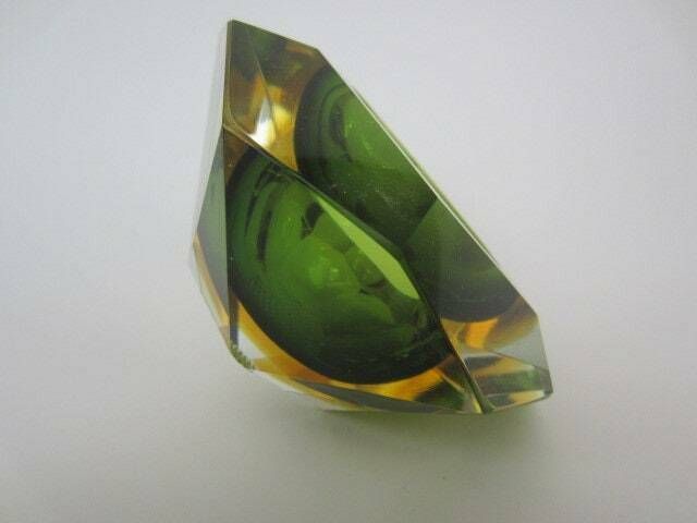 Murano Sommerso Green And Amber Mandruzzato 6 Facet Cut Geometric Art Glass Bowl photo Home Decor