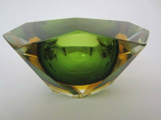 Murano Sommerso Green And Amber Mandruzzato 6 Facet Cut Geometric Art Glass Bowl photo vintage