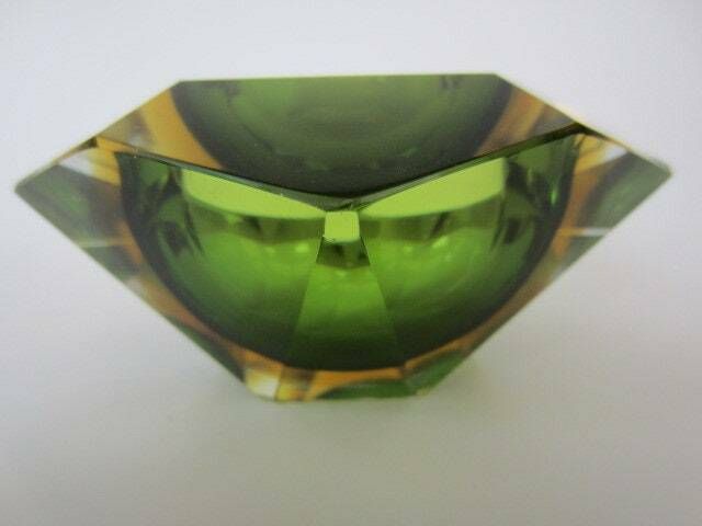 photo furniture Murano Sommerso Green And Amber Mandruzzato 6 Facet Cut Geometric Art Glass Bowl
