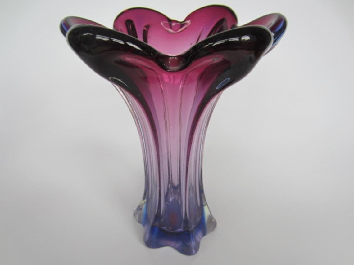 Murano Hand Blown Poli Seguso Era Purple Blue 1960s Ribbed Art Glass Flower Vase photo Home Decor