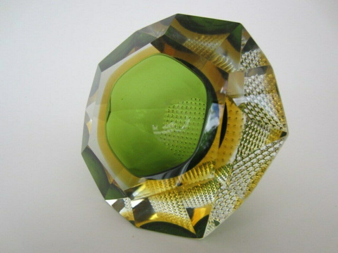 Home Decor Murano Sommerso Green And Amber Mandruzzato 6 Facet Cut Geometric Art Glass Bowl photo